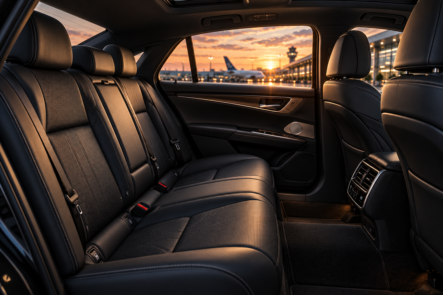 Executive leather passenger cabin overlooking airport terminal